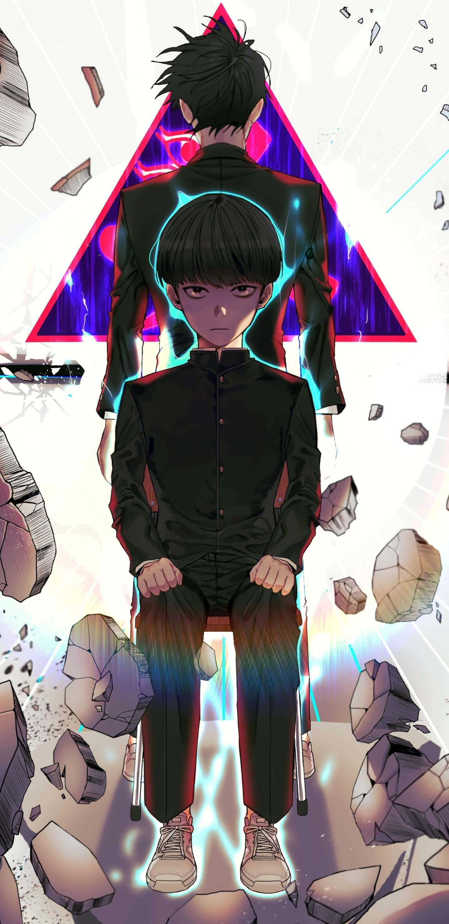 Shigeo Kageyama 桌布 壁紙 — 兩個動畫男孩，一個坐著，一個站在後面，在破碎的三角形能量場中發光。