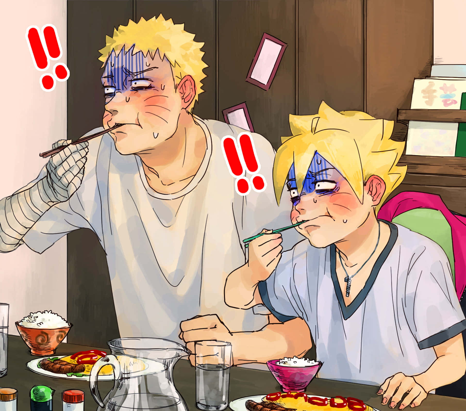 Boruto And Naruto 桌布 壁紙 — 兩個動畫男孩，有著刺刺的金色頭髮，在餐桌前熱情地吃東西，表情驚訝，相框飛舞。