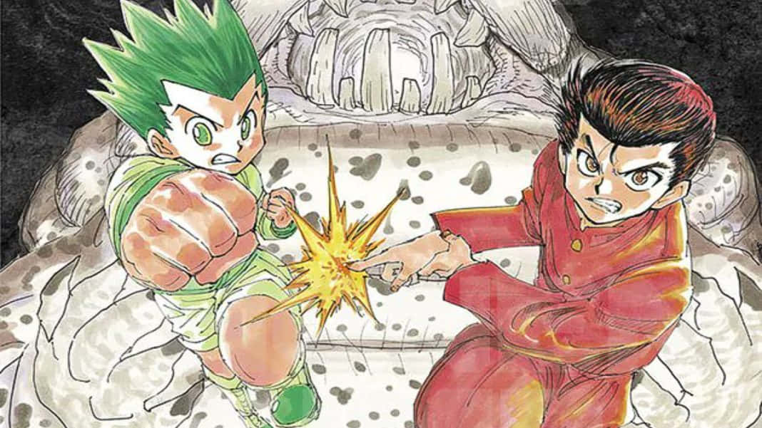 Shonen Anime 桌布 壁紙 — 兩個動畫男孩在岩石洞穴中拳頭相撞，在他們之間產生明亮的黃色爆炸。