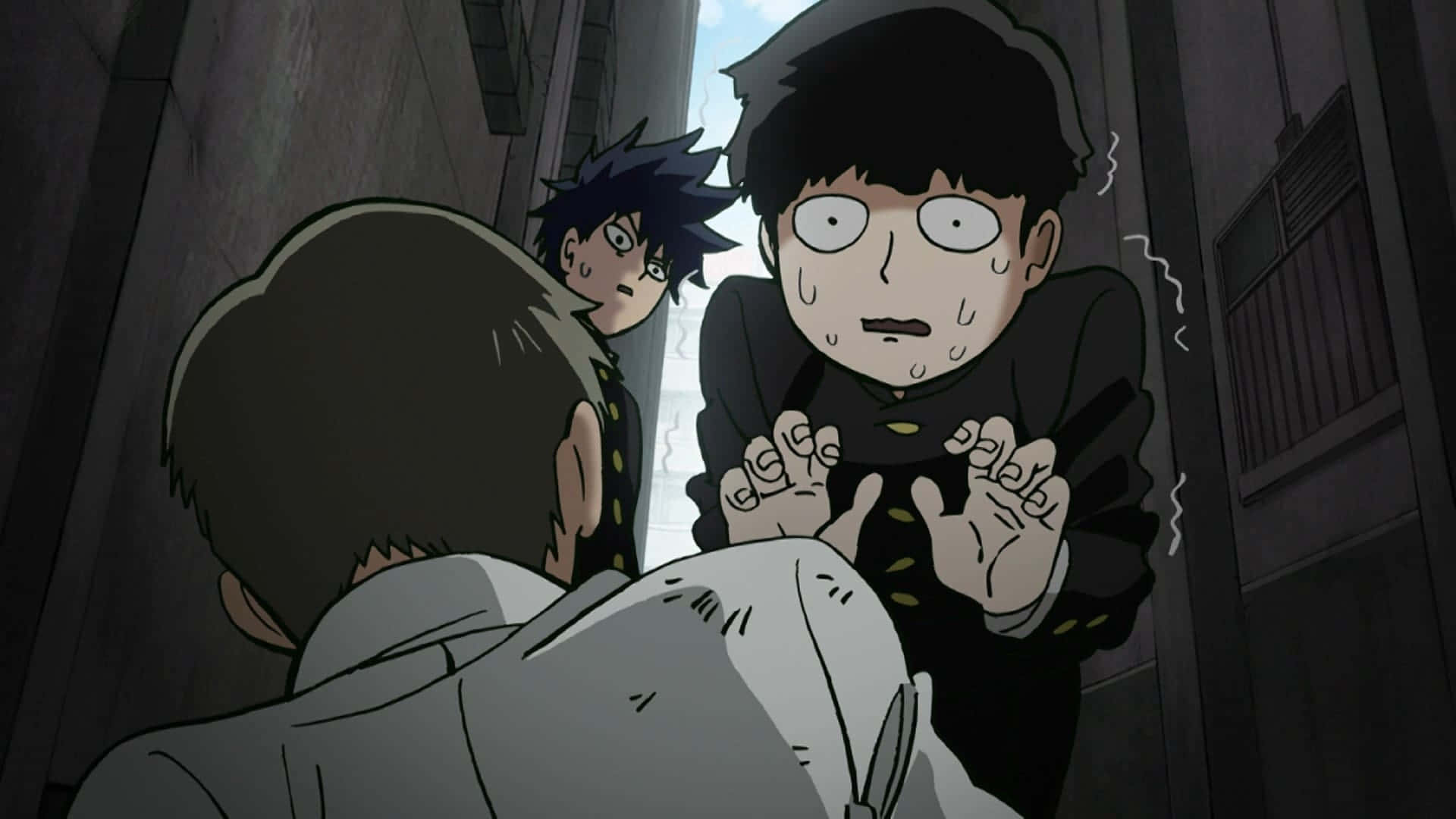 Mob Psycho 桌布 壁紙 — 兩個動畫男孩在狹窄的小巷中，一個害怕地蜷縮，另一個睜大眼睛流著汗看著。