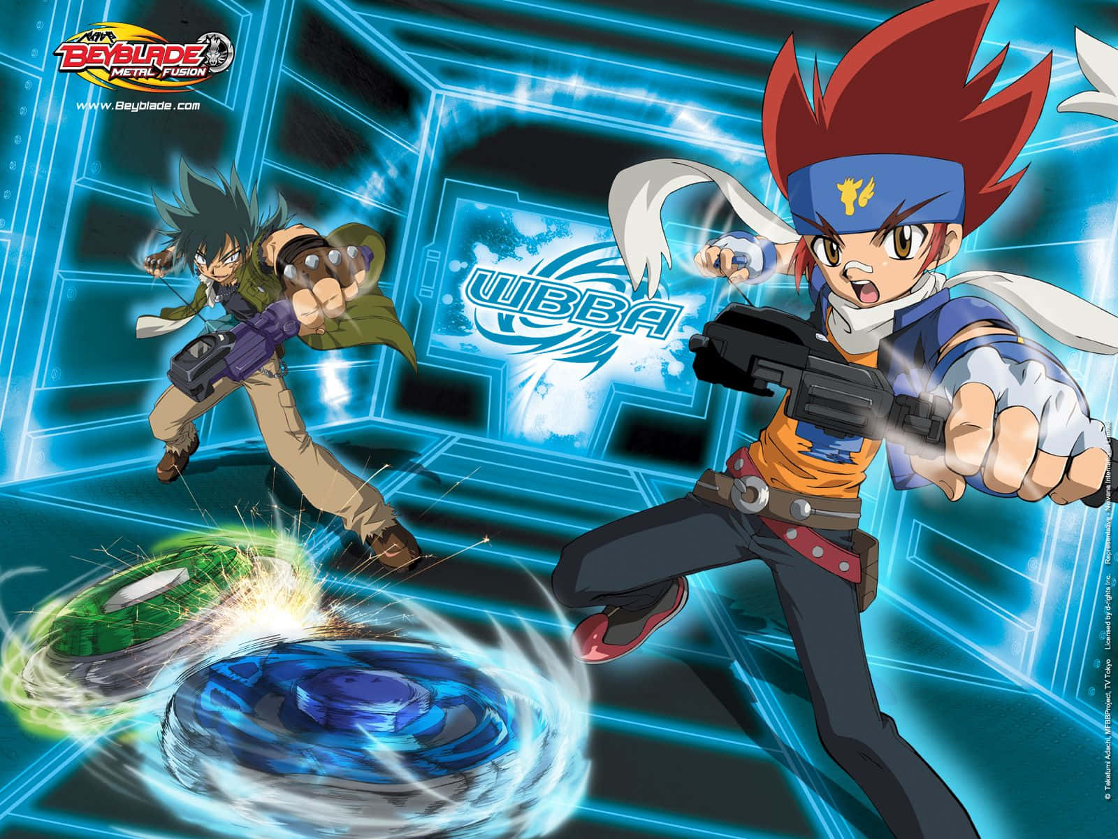 Beyblade 桌布 壁紙 — 兩個動畫男孩在發光的藍色未來風格競技場中用陀螺對戰。