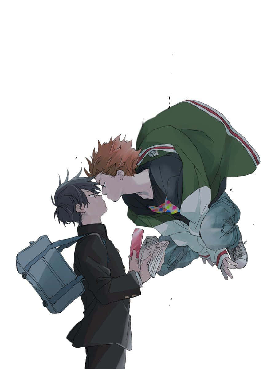 Ritsu Kageyama 桌布 壁紙 — 兩個動畫男孩在純白背景前親吻，一個懸浮在空中，另一個拿著書本和袋子。