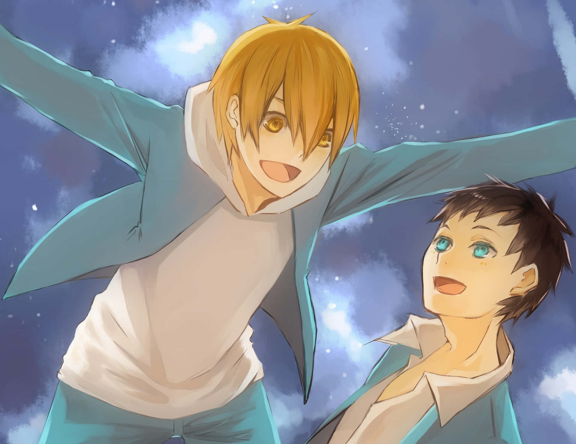 Mikado Ryuugamine 桌布 壁紙 — 兩個動畫男孩帶著喜悅的表情，張開雙臂在星光燦爛的暮色天空中飛翔。