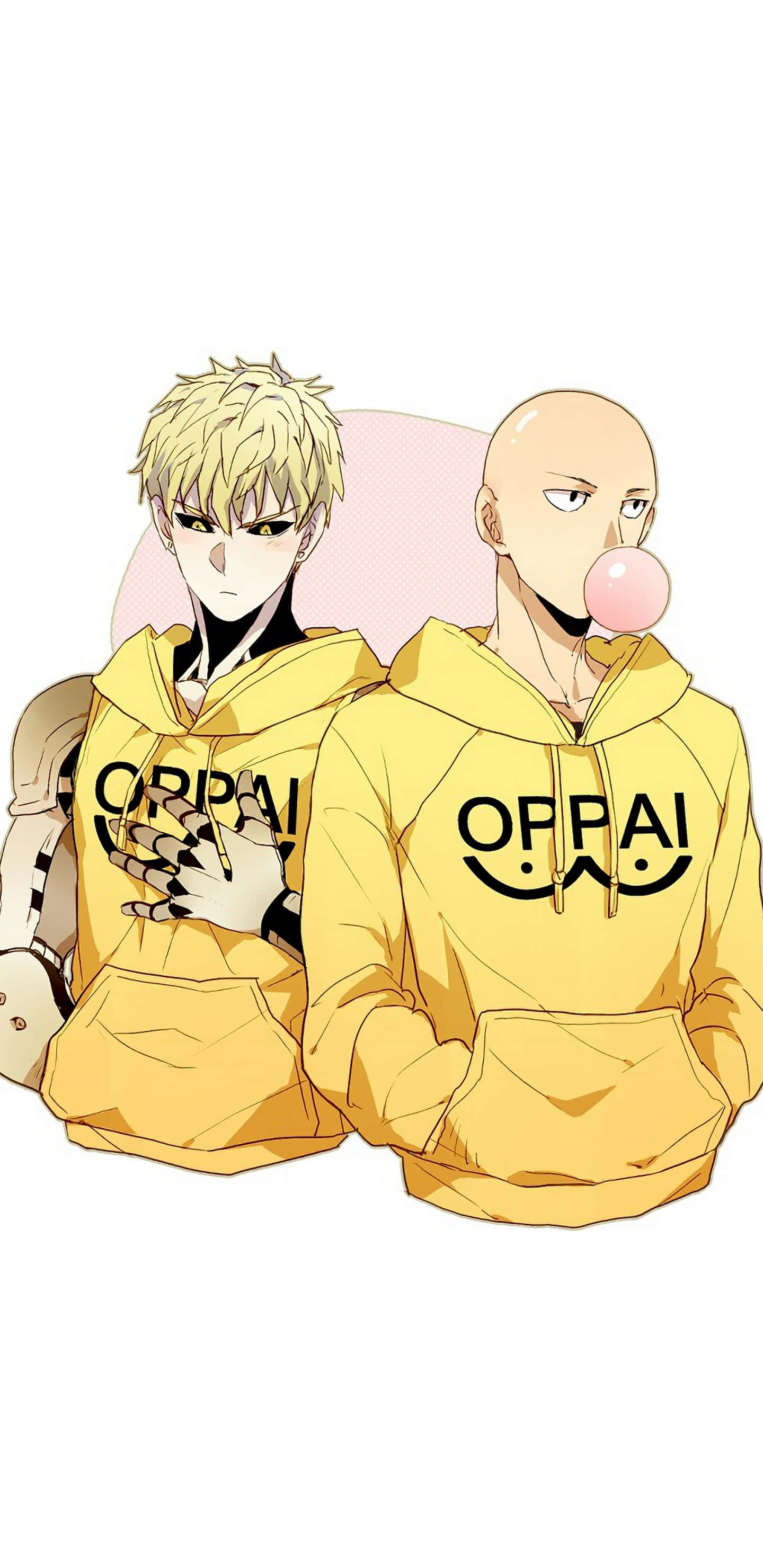 Genos 桌布 壁紙 — 兩個動畫男孩穿著黃色連帽衫，一個吹著粉紅色泡泡糖，另一個表情嚴肅。