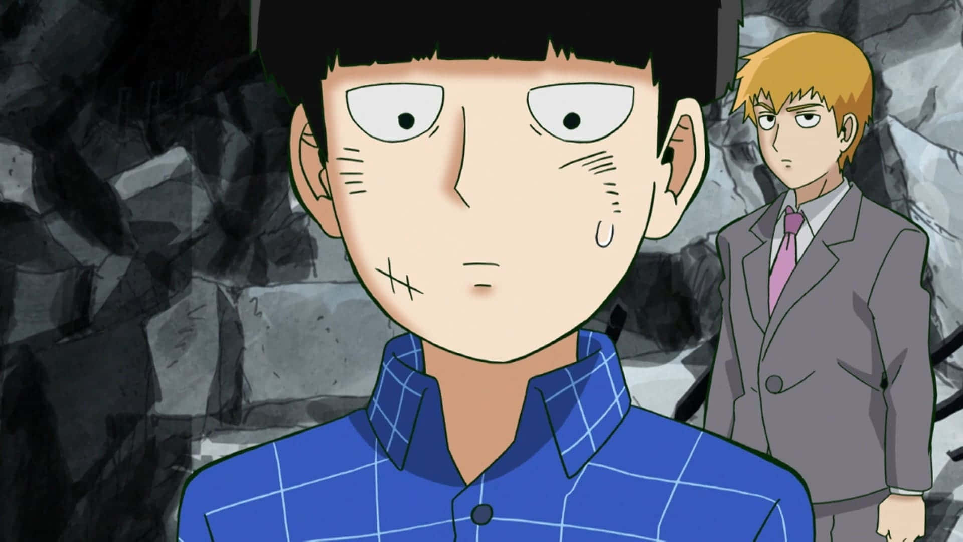 Mob Psycho 桌布 壁紙 — 兩個動畫男孩站在一個充滿瓦礫的場景中，一個有縫合臉和藍色格仔襯衫，另一個穿著灰色西裝配粉紅色領帶。