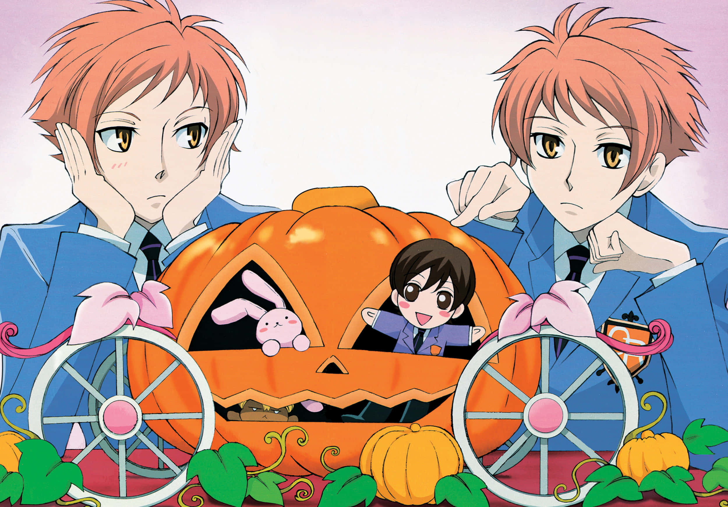 ouran high school host club 桌布 壁紙 — 兩個動畫男孩站在一輛南瓜馬車兩側，車內有一個小男孩，周圍環繞著秋葉和南瓜。