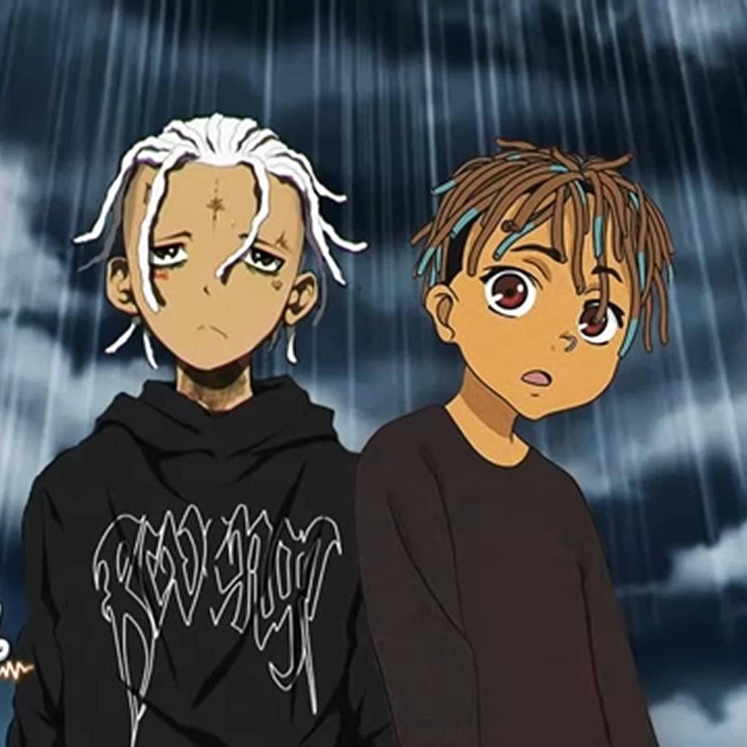 兩個動畫男孩站在雨中，背後是暴風雨的天空。 — Xxxtentacion 動漫 GIF 壁紙