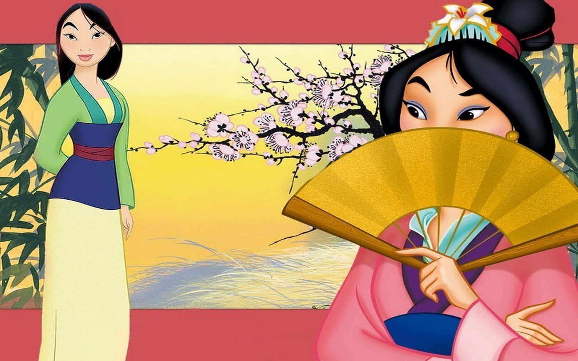 Mulan 桌布 壁紙 — 兩個動畫花木蘭角色，一個站立，一個透過金色扇子偷看，旁邊有櫻花。
