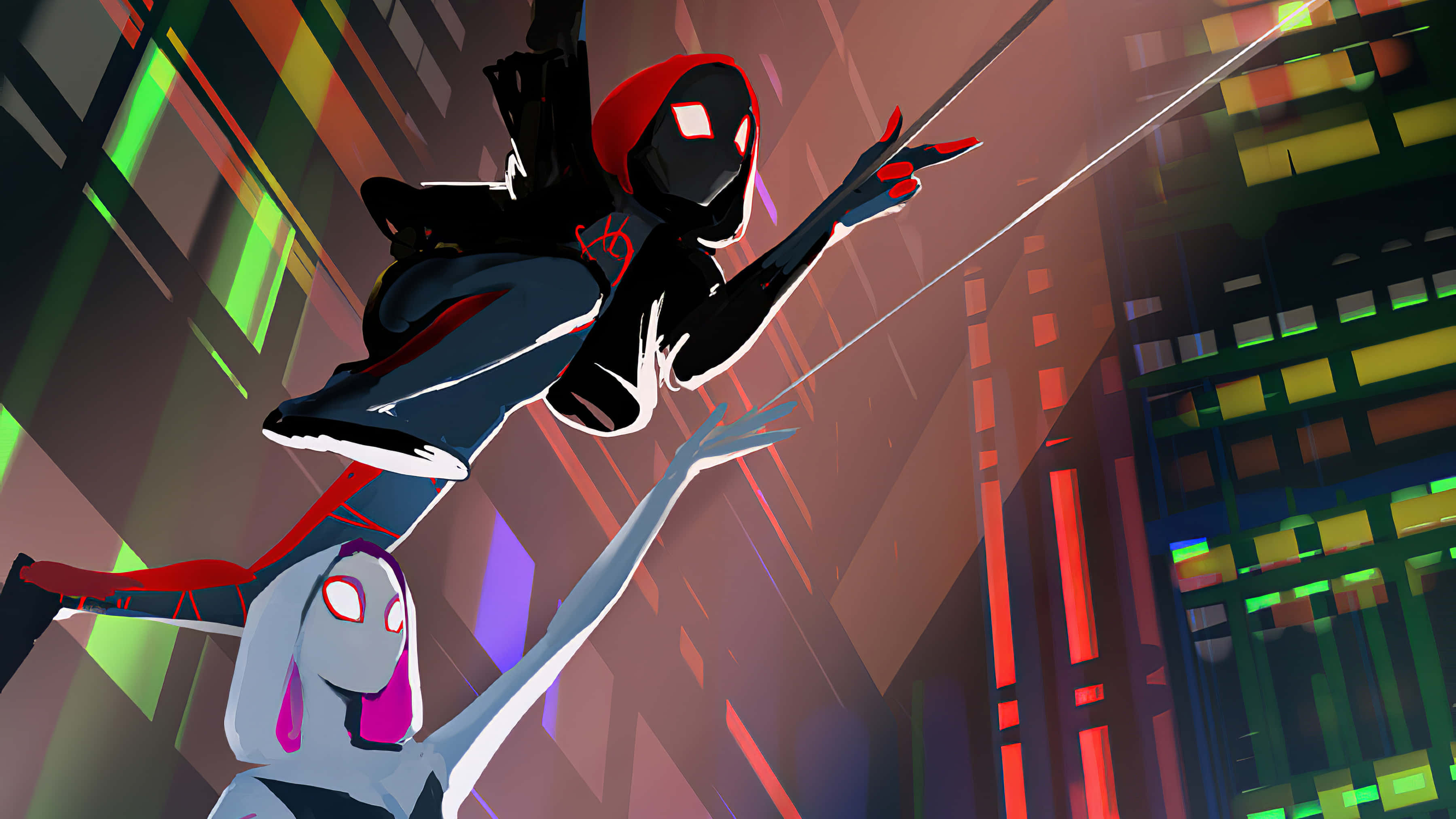 Gwen Stacy 桌布 壁紙 — 兩個動畫蜘蛛英雄在霓虹燈閃爍的城市景觀中盪來盪去，建築物發光，動態線條充滿活力。