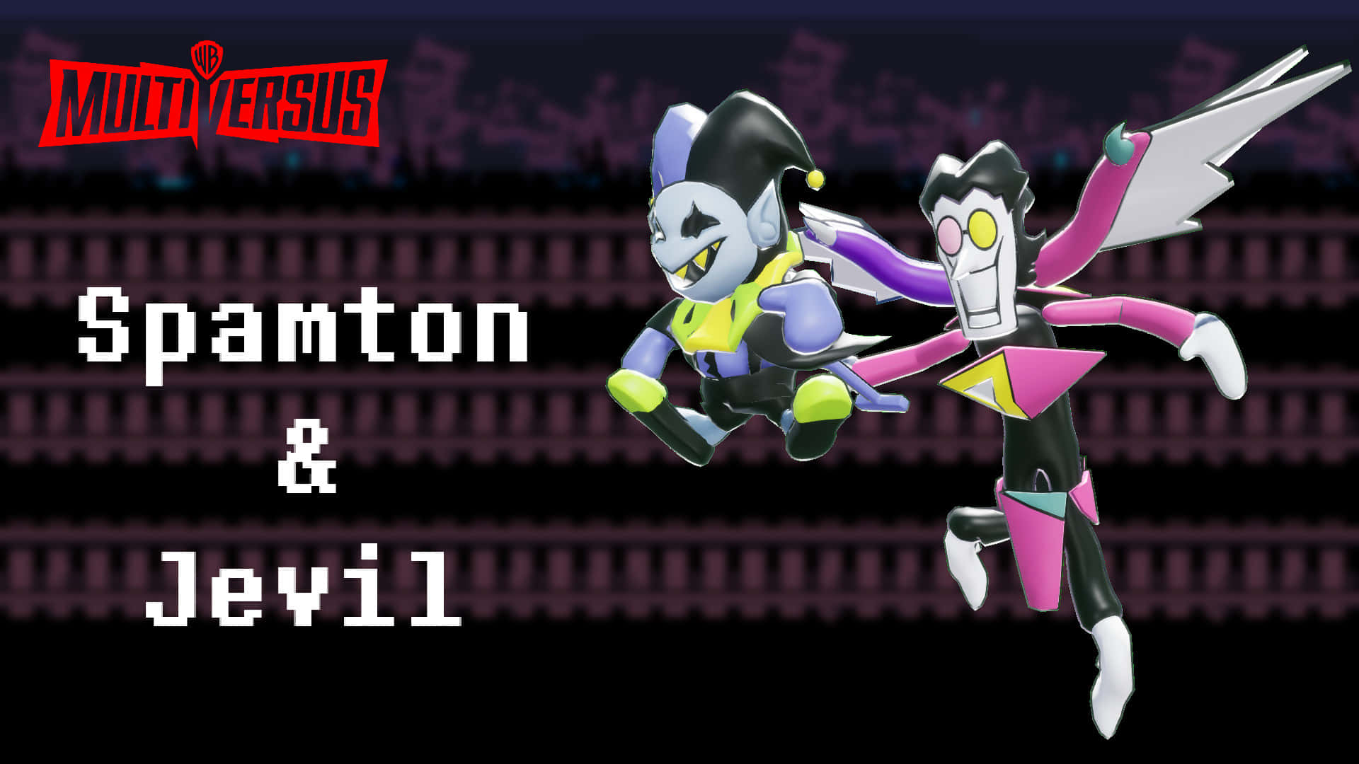 Spamton 桌布 壁紙 — 兩個動畫角色 Spamton 和 Jevil 在帶有 Multiversus 標誌的深色像素化背景上動態跳躍。
