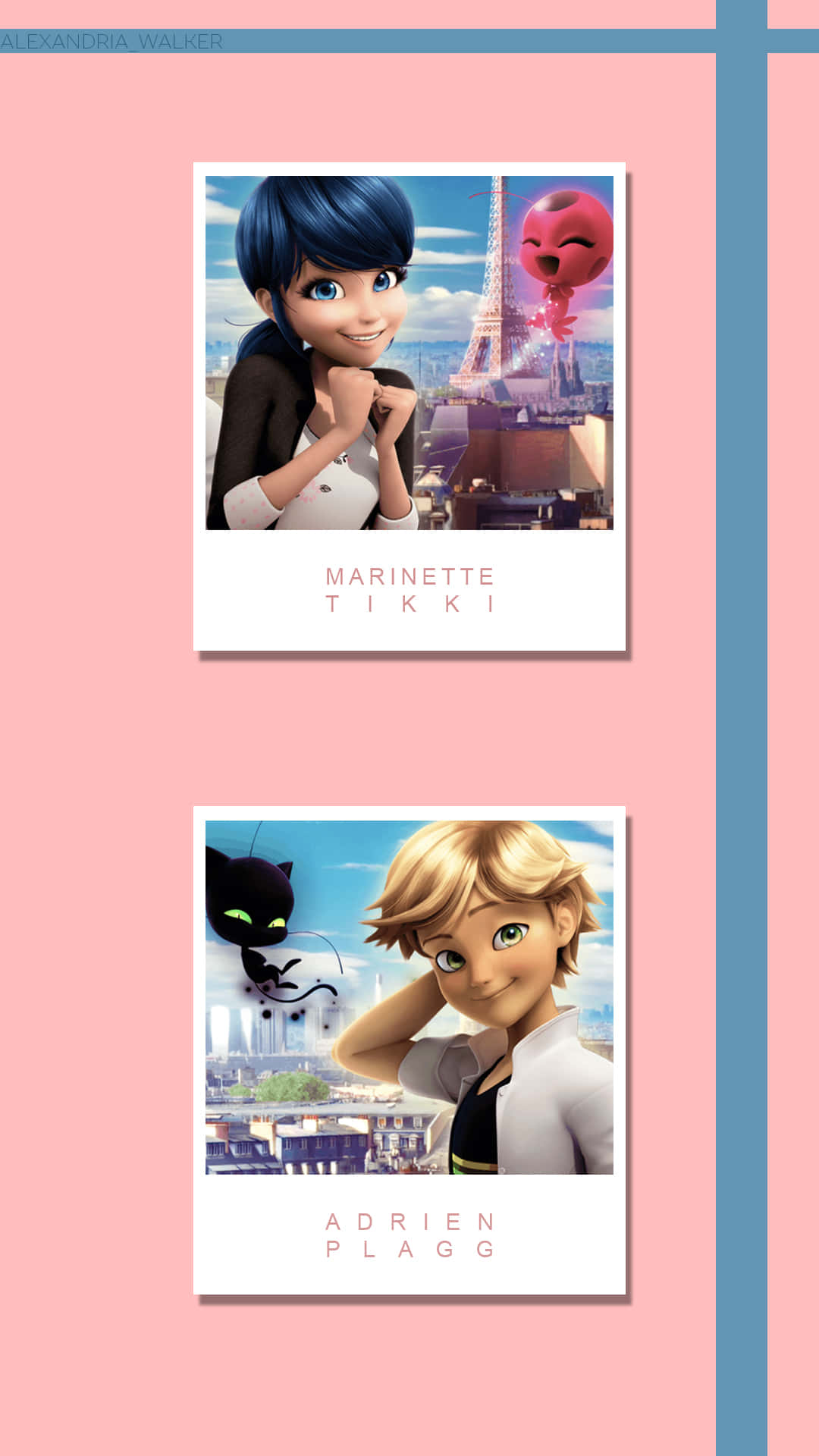 Marinette 桌布 壁紙 — 兩個動畫角色Marinette和Adrien在寶麗來框架中微笑，背景是巴黎天際線、艾菲爾鐵塔和漂浮的表情符號氣球。