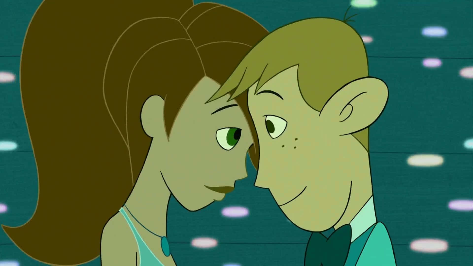kim possible 桌布 壁紙 — 兩個動畫角色在帶有發光燈光的青綠色背景上溫柔地互相凝視。