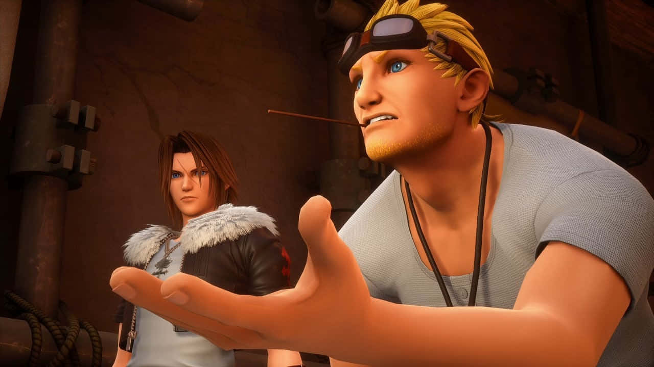 Kingdom Hearts Characters 桌布 壁紙 — 兩個動畫角色在昏暗的工業環境中，一個向前做手勢，另一個站在後面，表情嚴肅。