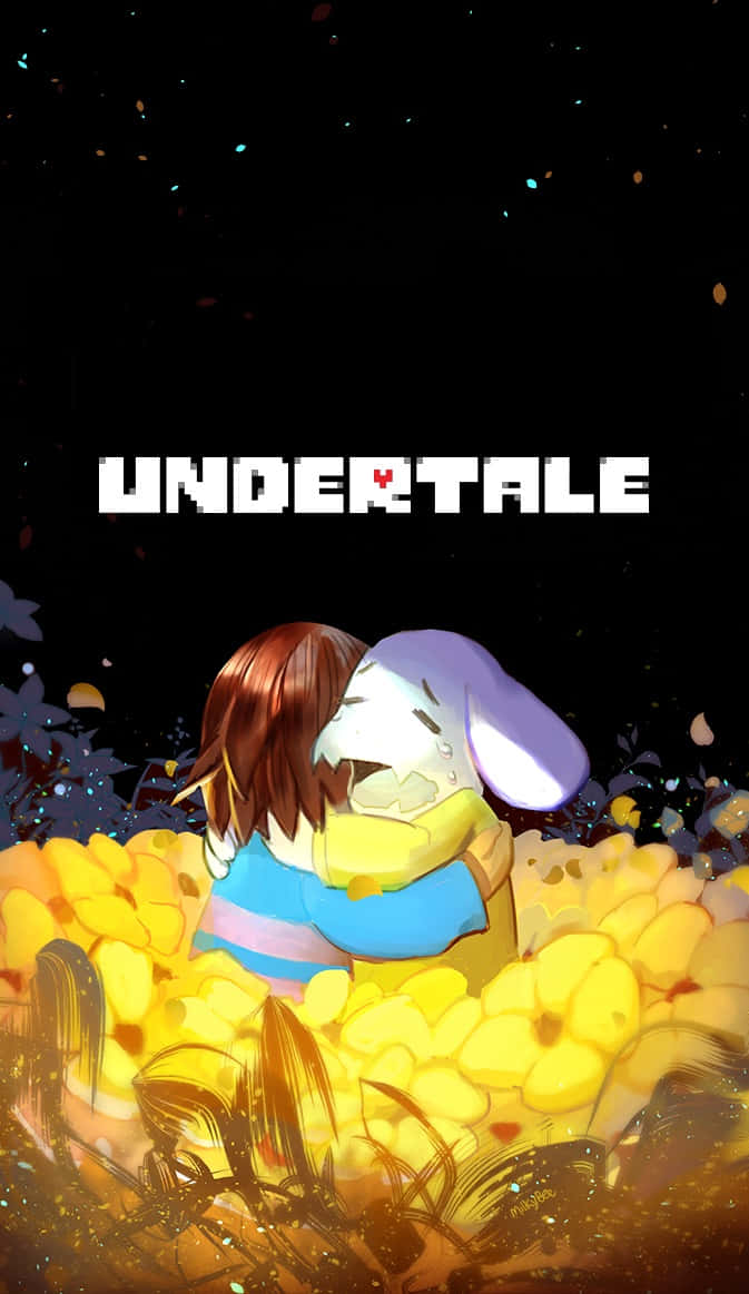 Undertale Phone 桌布 壁紙 — 兩個動畫角色在星光燦爛的夜空下，在發光的黃色花朵中溫暖擁抱，上方有「UNDERTALE」字樣。