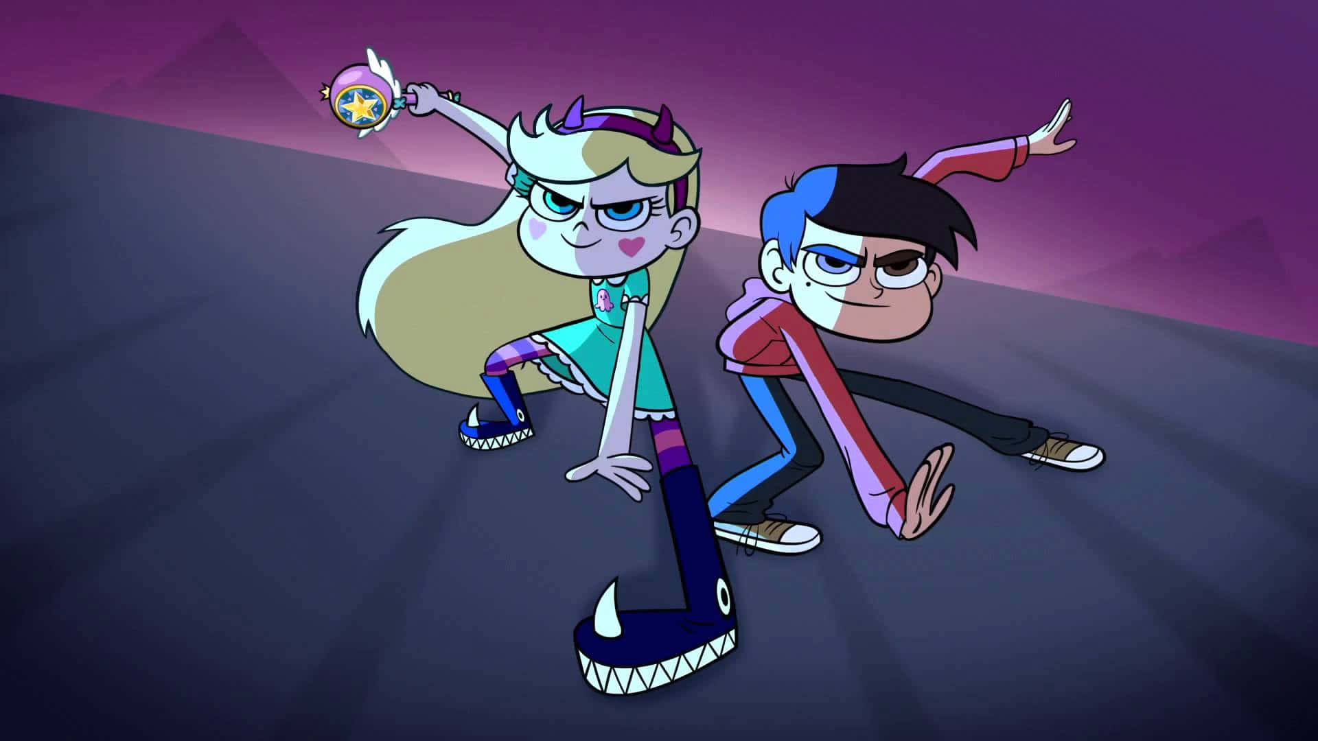Star Vs The Forces Of Evil 桌布 壁紙 — 兩個動畫角色在深紫色漸變背景上擺出動態姿勢，帶有發光星星效果。