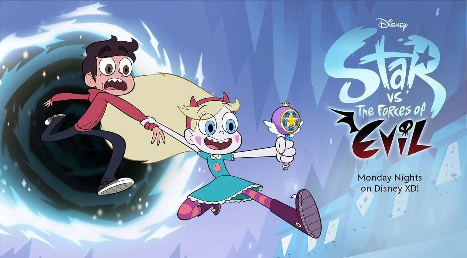 Star Vs The Forces Of Evil 桌布 壁紙 — 兩個動畫角色在鋸齒狀的冰天雪地背景下，穿過旋轉的宇宙漩渦競速。