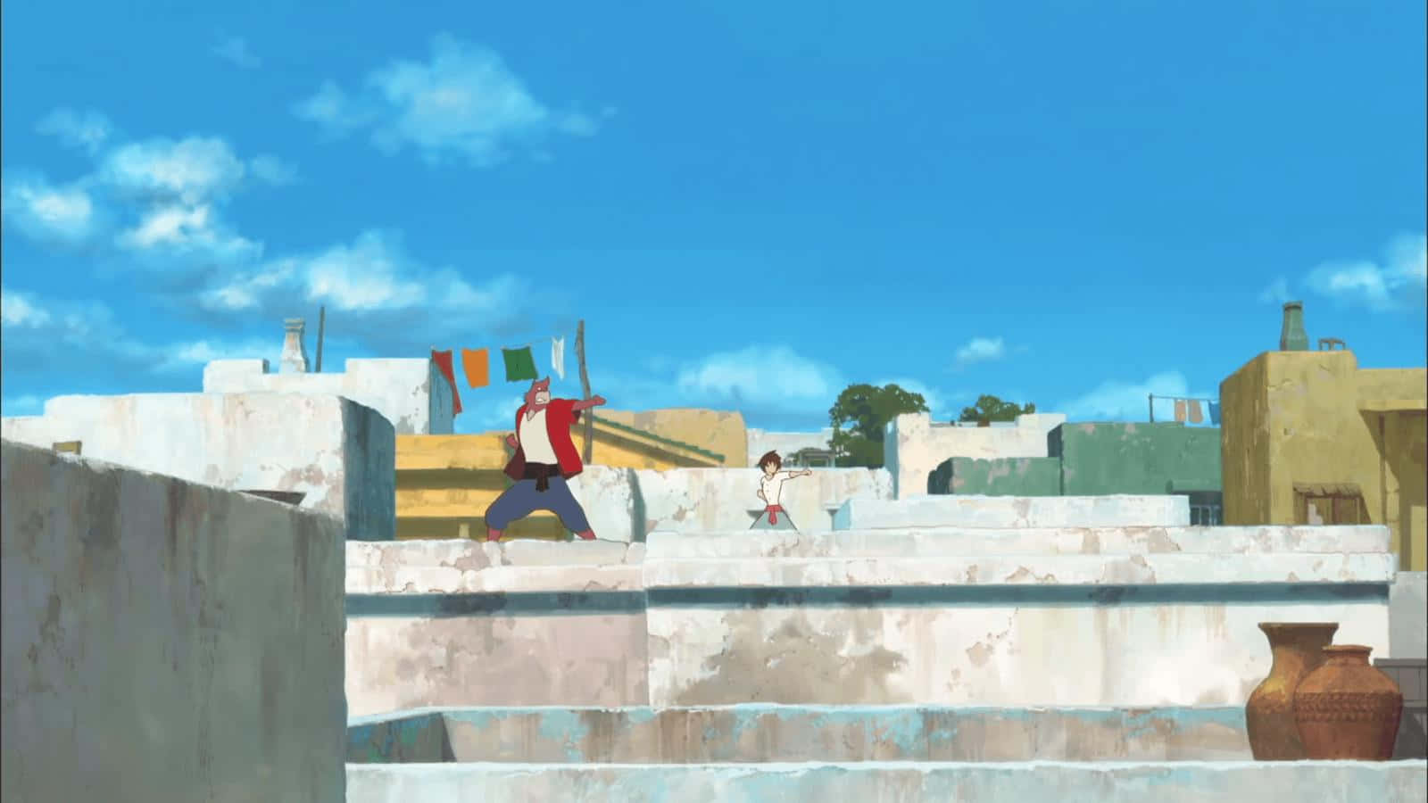 The Boy And The Beast 桌布 壁紙 — 兩個動畫角色在陽光明媚的藍天白雲下跳過石屋頂。