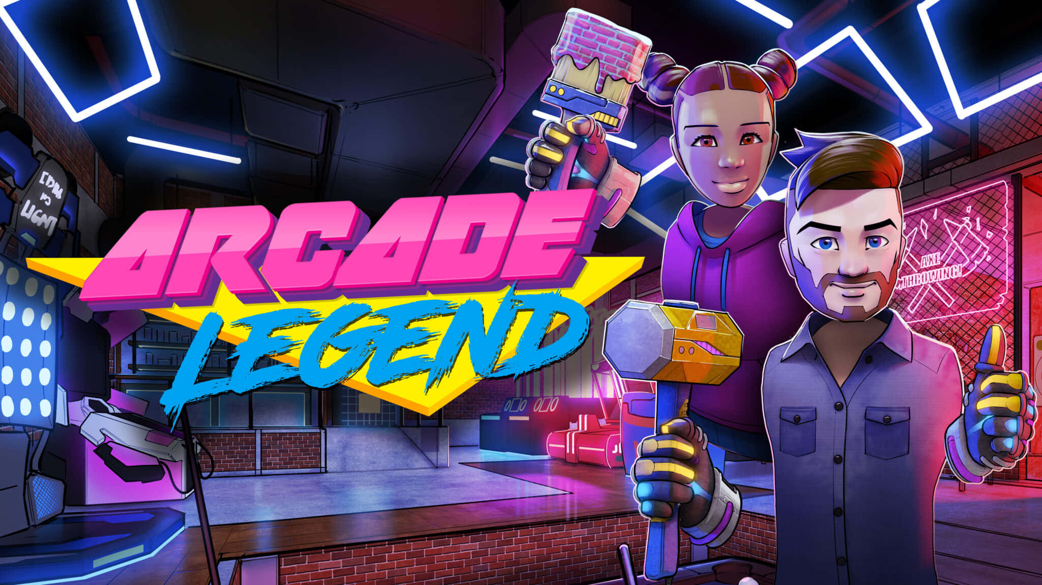 Arcade Games 桌布 壁紙 — 兩個動畫角色在霓虹燈閃爍的遊戲機中心，於發光招牌下拿着錘子和畫筆。