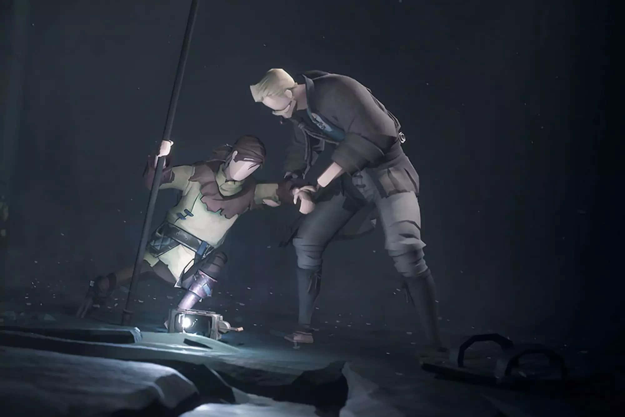 Ashen 桌布 壁紙 — 兩個動畫角色在黑暗、粗糙的環境中，在強烈的聚光燈下掙扎。