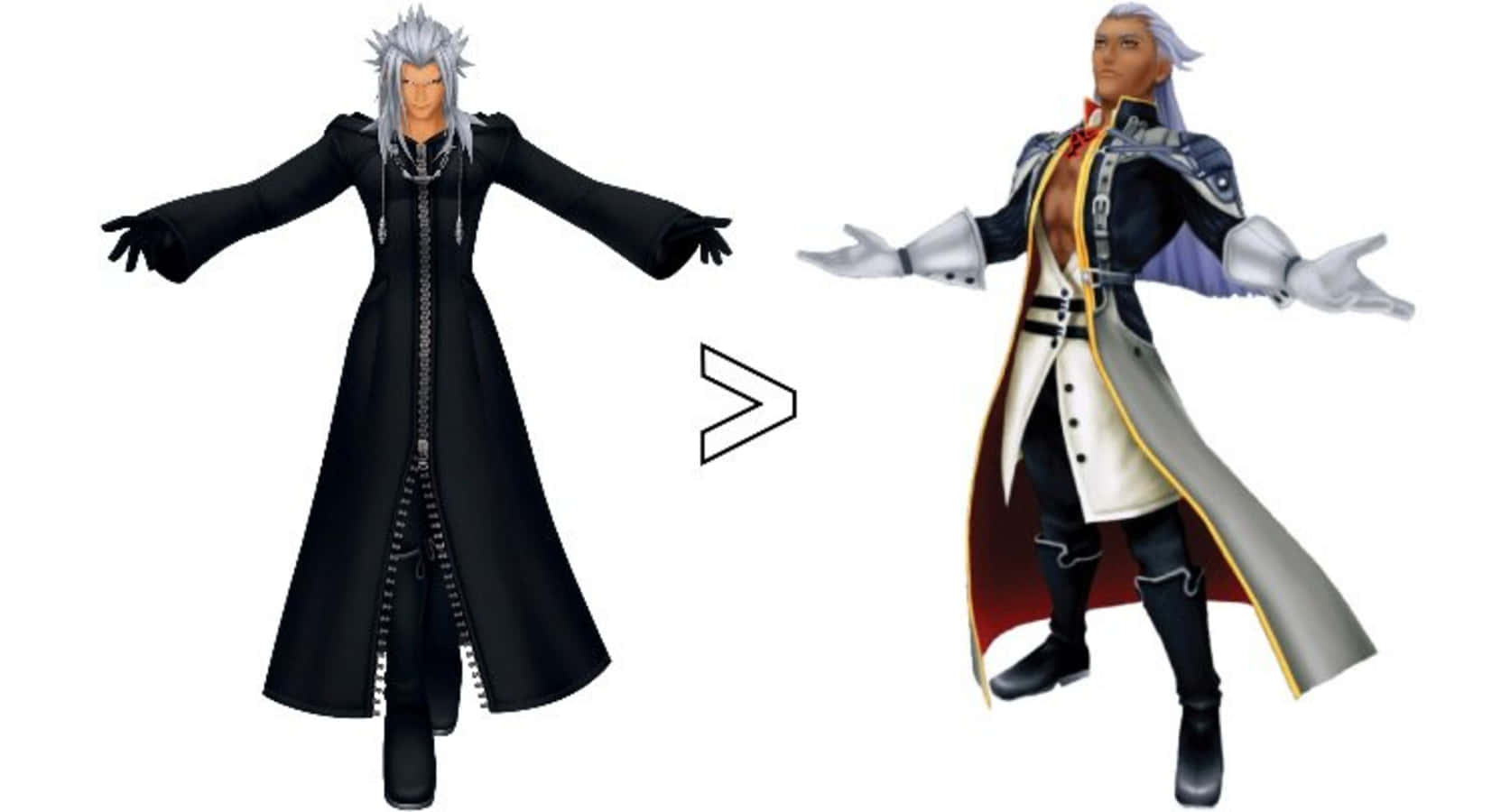 Kingdom Hearts Xemnas 桌布 壁紙 — 兩個動畫角色穿著對比鮮明的服裝，並排站立，雙臂伸展，背景為純白色。