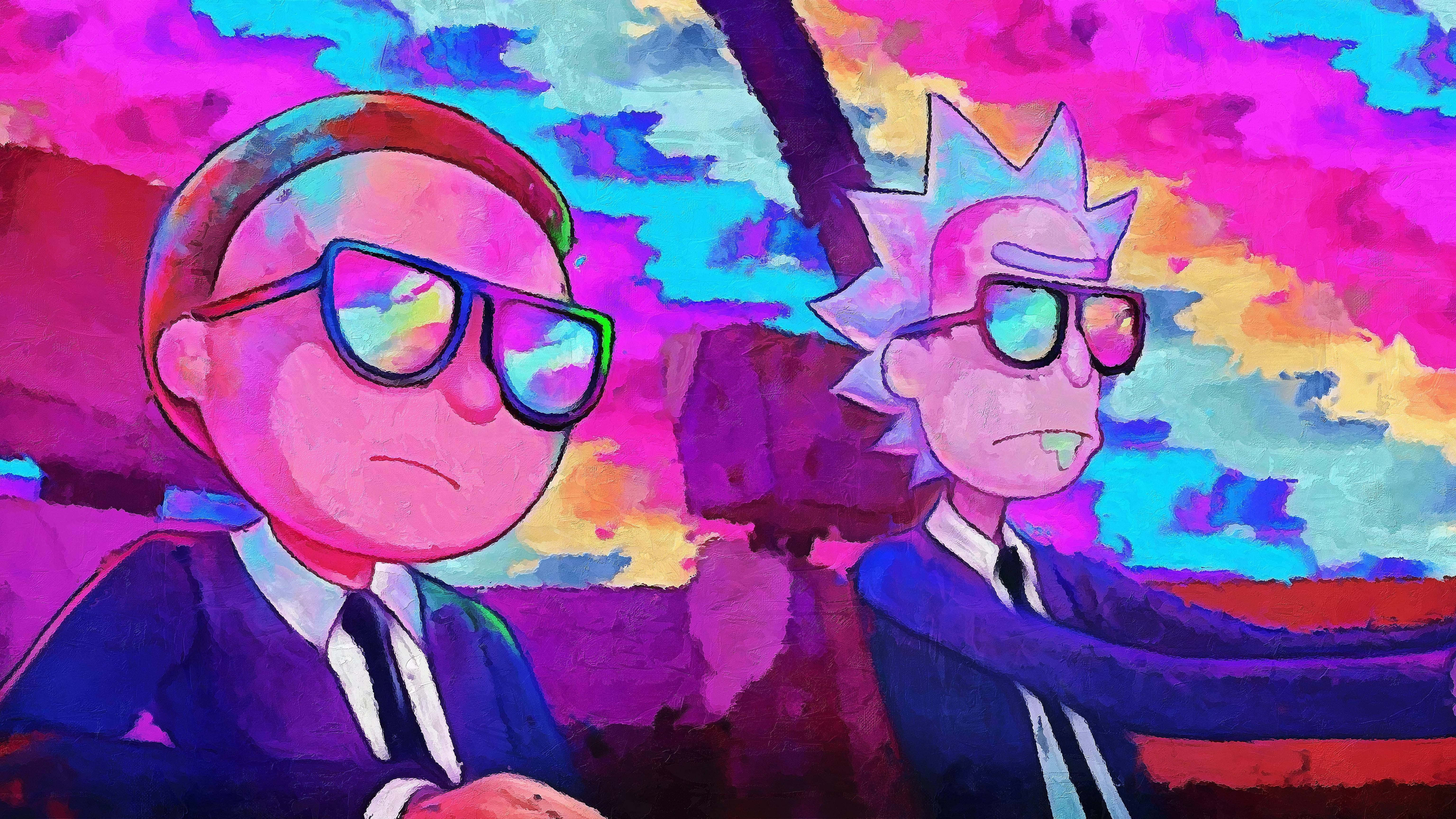 Morty Smith 桌布 壁紙 — 兩個動畫角色穿著西裝和太陽眼鏡，坐在充滿活力的迷幻天空前，天空有粉紅、紫色和橙色的條紋。