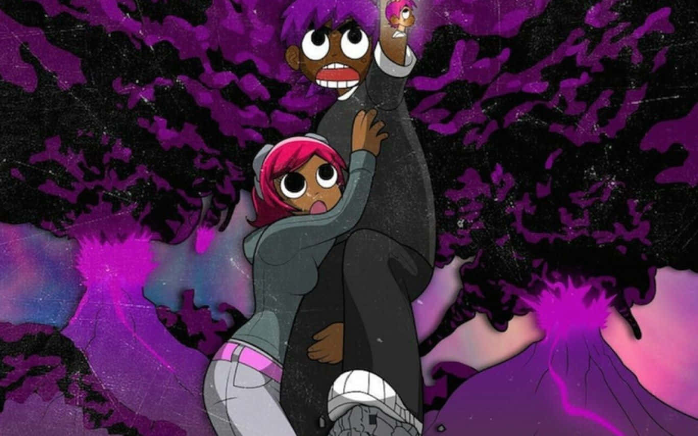 Lil Uzi Vert 桌布 壁紙 — 兩個動畫角色緊緊相擁，紫色宇宙能量在他們周圍爆發，形成一個戲劇性的場景。
