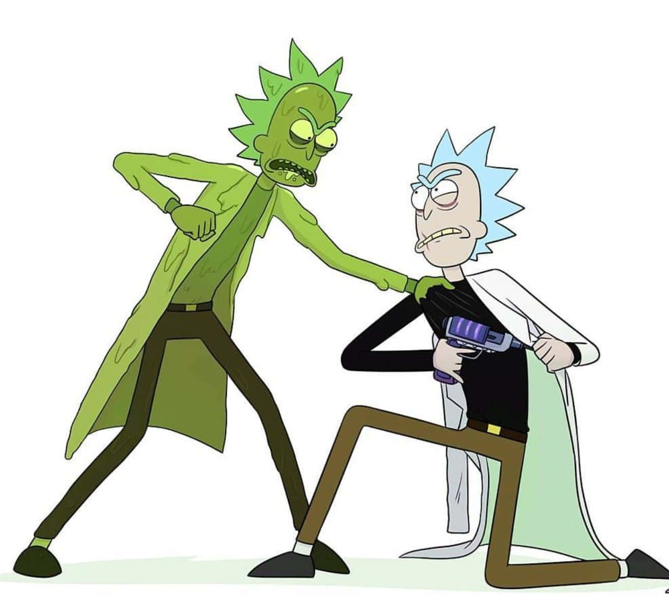 The Council Of Ricks 桌布 壁紙 — 兩個動畫角色處於緊張對峙中，一個綠色尖髮的角色抓住另一個跪著手持紫色槍的角色。