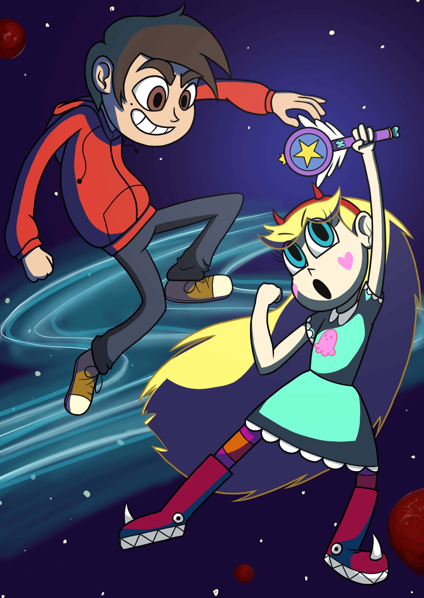 Star Vs The Forces Of Evil 桌布 壁紙 — 兩個動畫角色跳過一個宇宙漩渦，背景有星星和行星。