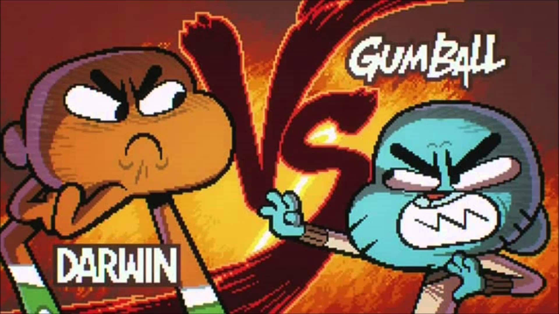 Gumball VS Darwin 壁紙 — 兩個動畫角色達爾文和甘寶在熾熱的像素藝術戰鬥場景中對峙，並帶有粗體文字。