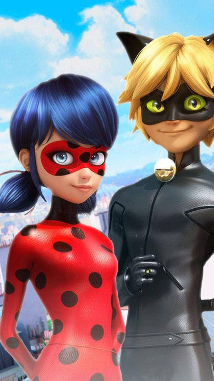 超級英雄 桌布 壁紙 — 兩個動畫超級英雄 Ladybug 和 Cat Noir 並肩站在明亮的藍天白雲下。