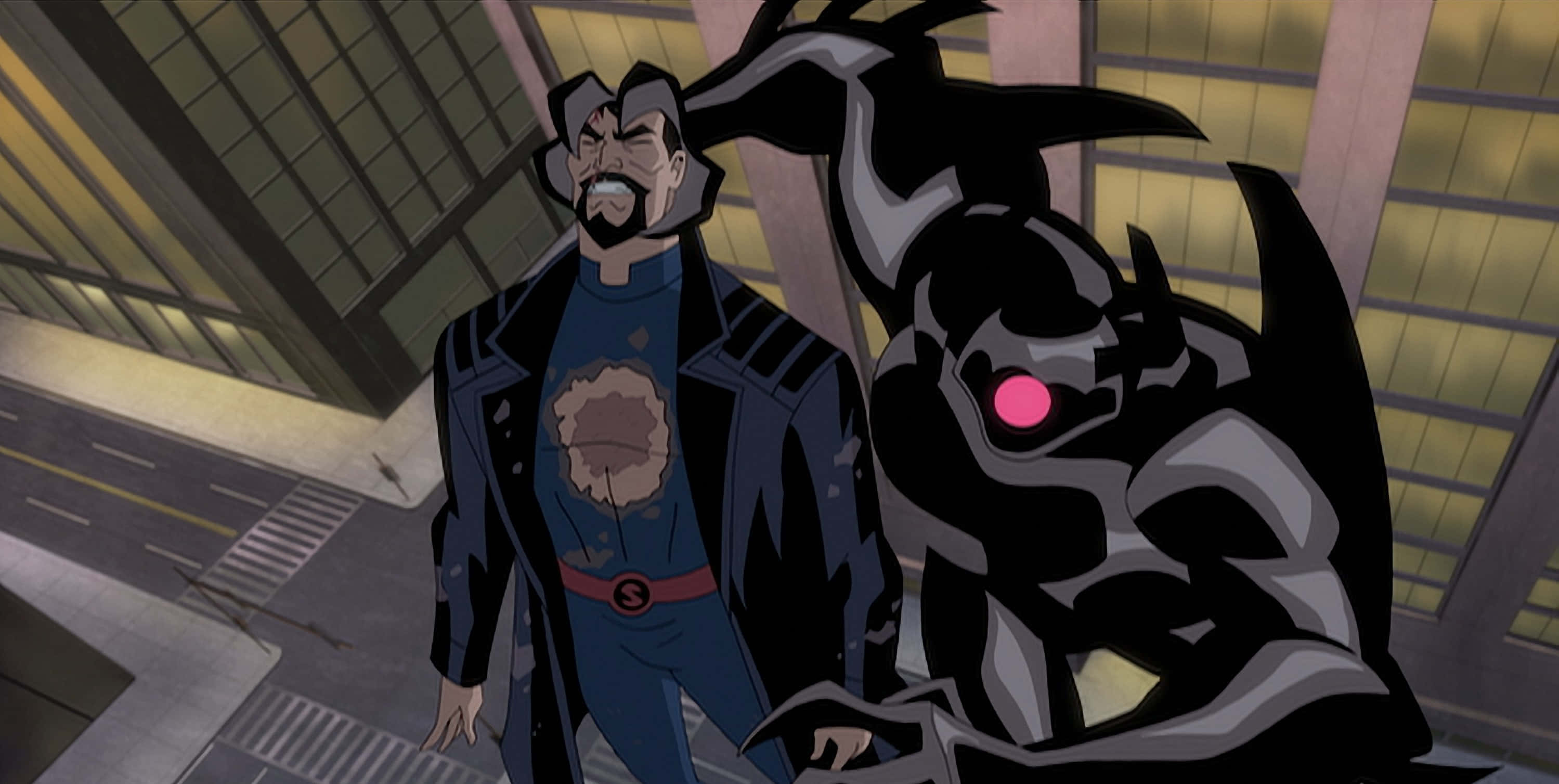 Justice League Gods And Monsters 桌布 壁紙 — 兩個動畫超級英雄站在城市街道上，一個穿著藍色套裝配紅色腰帶，另一個穿著黑色盔甲配發光粉紅色眼睛。