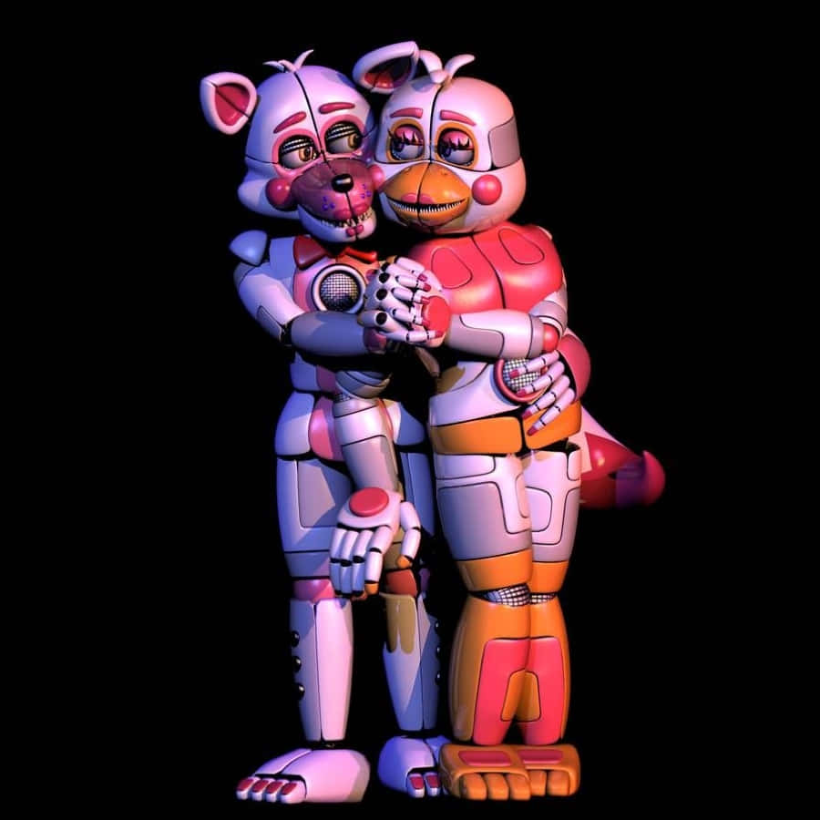 Funtime Foxy 桌布 壁紙 — 兩個動畫電子角色以鮮豔的粉紅和橙色色調，在純黑背景上緊緊擁抱。