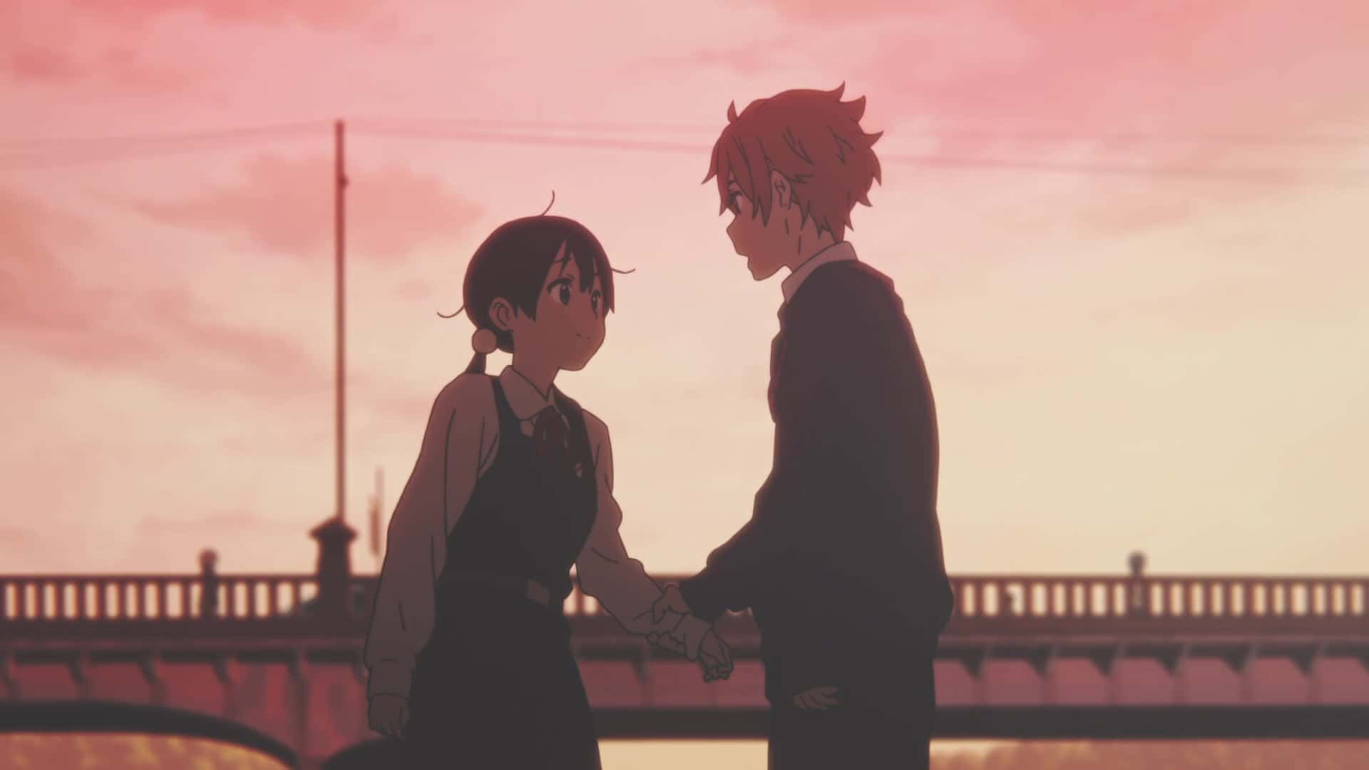 Love Story 桌布 壁紙 — 兩個動畫青少年在橋上牽手，粉紅色的日落光芒將他們的剪影沐浴在溫暖的光輝中。