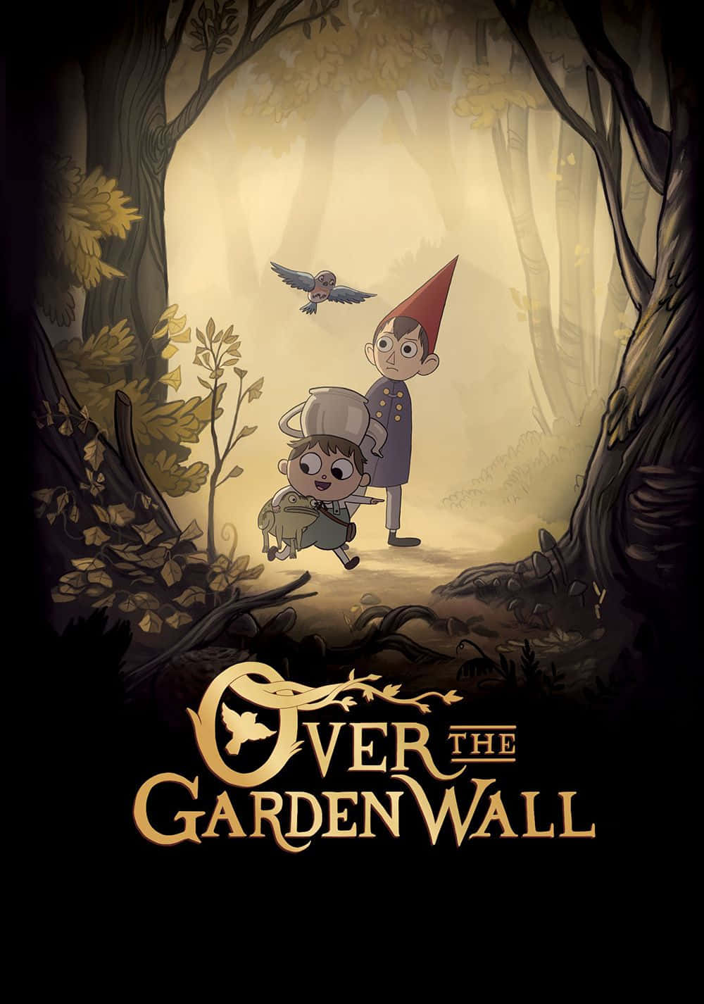 over the garden wall 桌布 壁紙 — 兩個動畫風格的小孩在神秘森林中，一隻鳥在金色光芒下飛翔在他們上方。