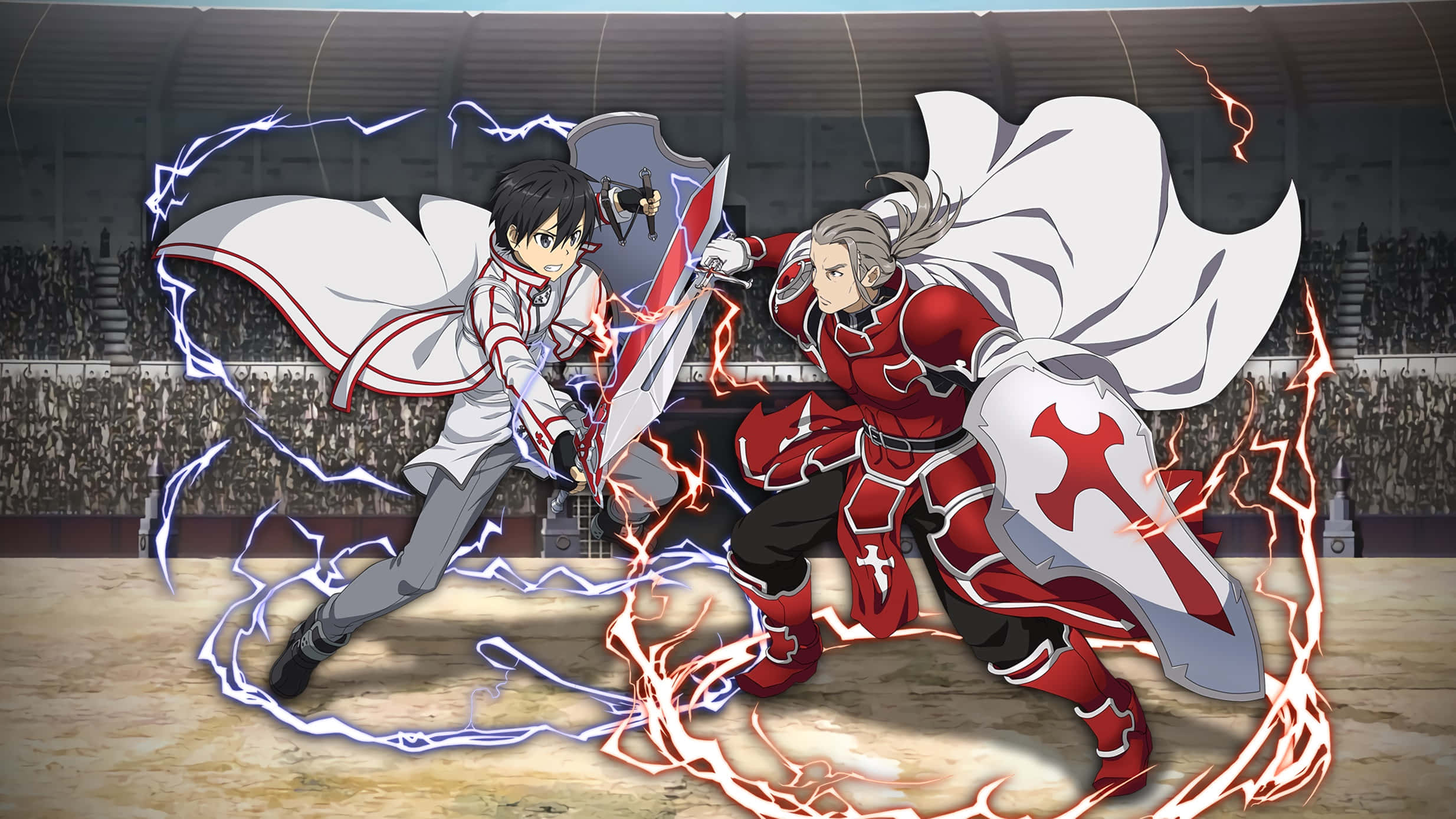 Sword Art Online Heathcliff 桌布 壁紙 — 兩個動畫騎士在體育場內劍刃交鋒，周圍環繞著噼啪作響的藍色和紅色能量弧。