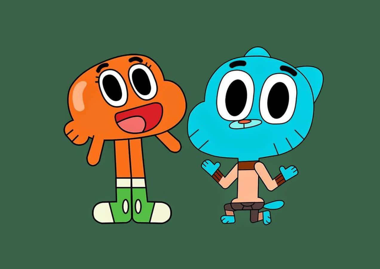 Gumball And Darwin 桌布 壁紙 — 兩個卡通人物，一個橙色一個藍色，並排站在純綠色背景前。