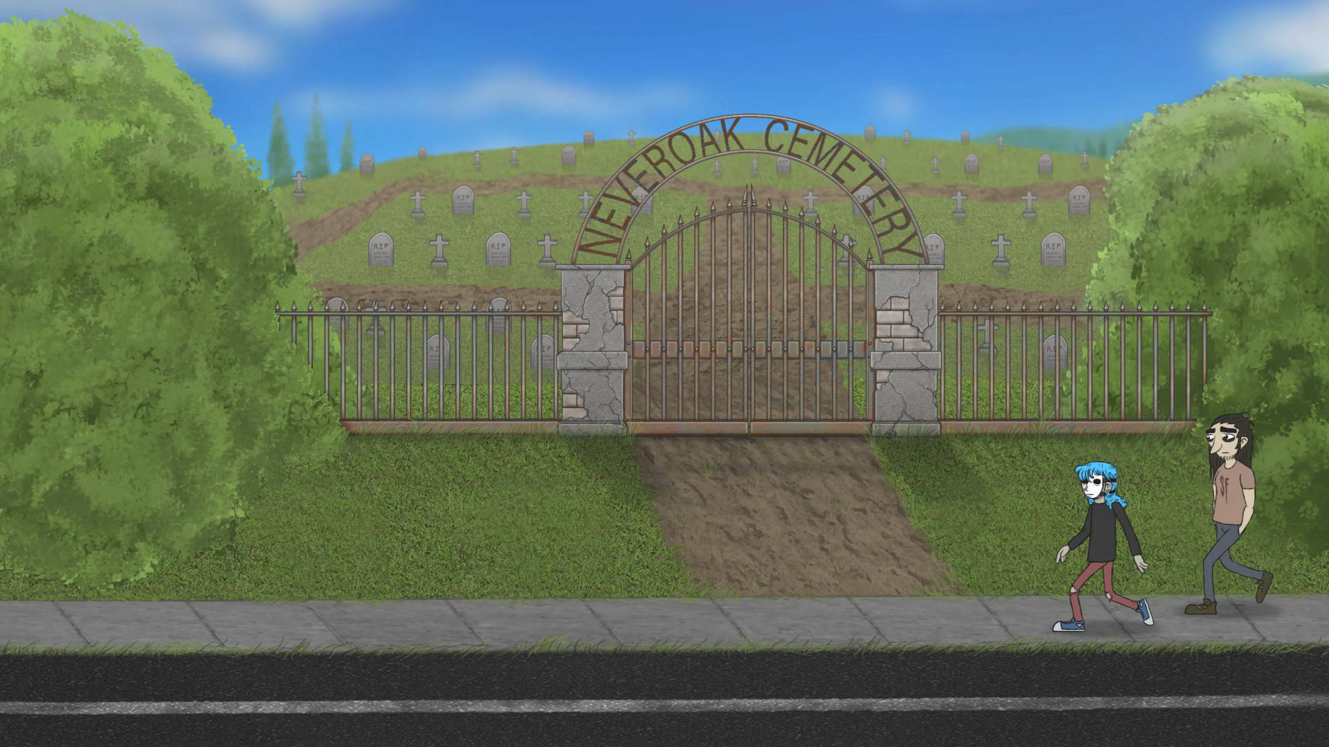 恐怖 桌布 壁紙 — 兩個卡通人物在明亮的藍天下走過 Neveroak 墓園的閘門入口。