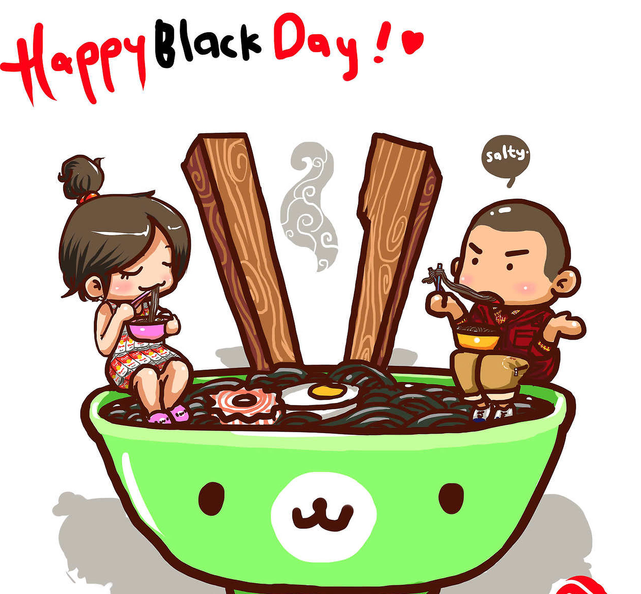 Black Day 桌布 壁紙 — 兩個卡通人物坐在一個巨大的黑色拉麵碗裡，用筷子吃麵，而蒸氣從麵條中升起。