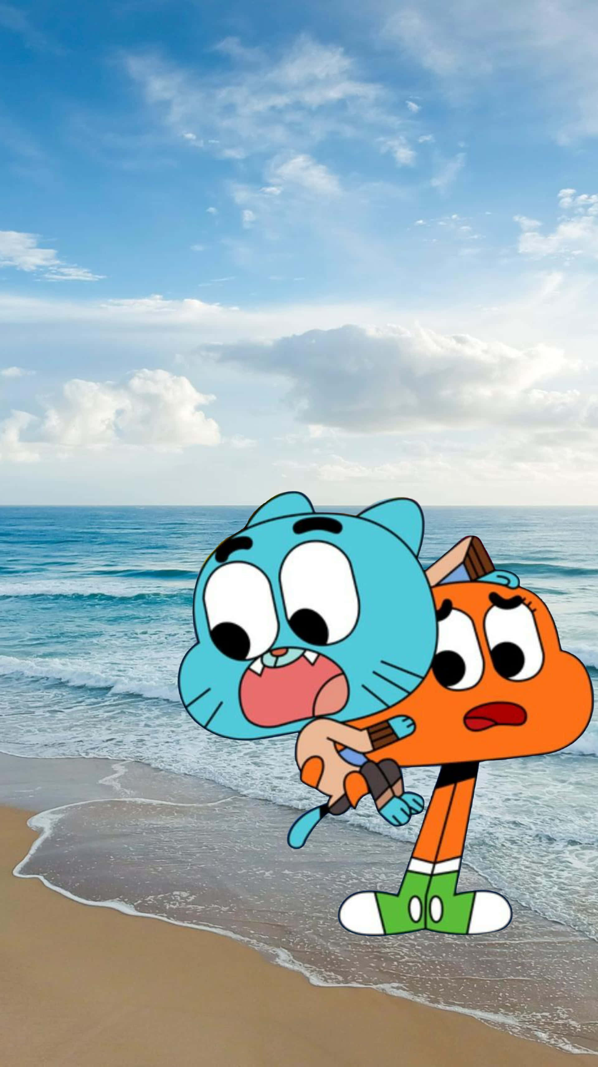the amazing world of gumball 桌布 壁紙 — 兩個卡通人物站在沙灘上，背後有海浪和藍天白雲。
