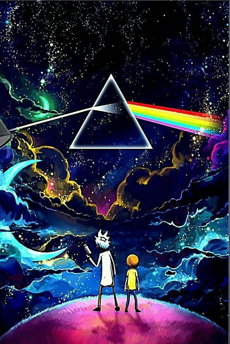 Pink Floyd × Rick and Morty 壁紙 — 兩個卡通人物站在發光的星球上，凝視著在星空宇宙中分裂光線的棱鏡。