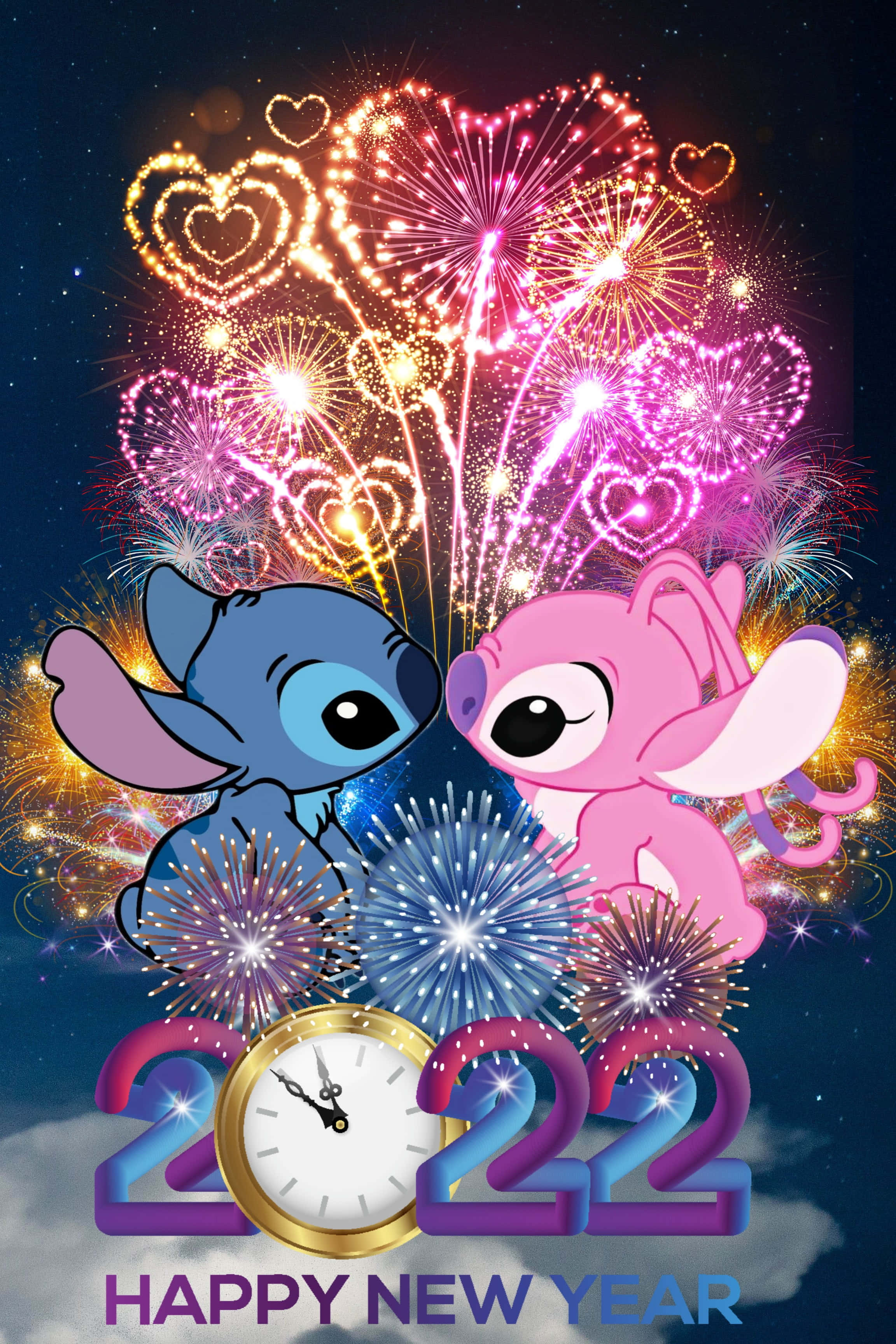 Love Stitch And Angel 桌布 壁紙 — 兩個卡通外星人凝視著在顯示2022年的時鐘上方爆炸的心形煙花，背景是星空夜空。