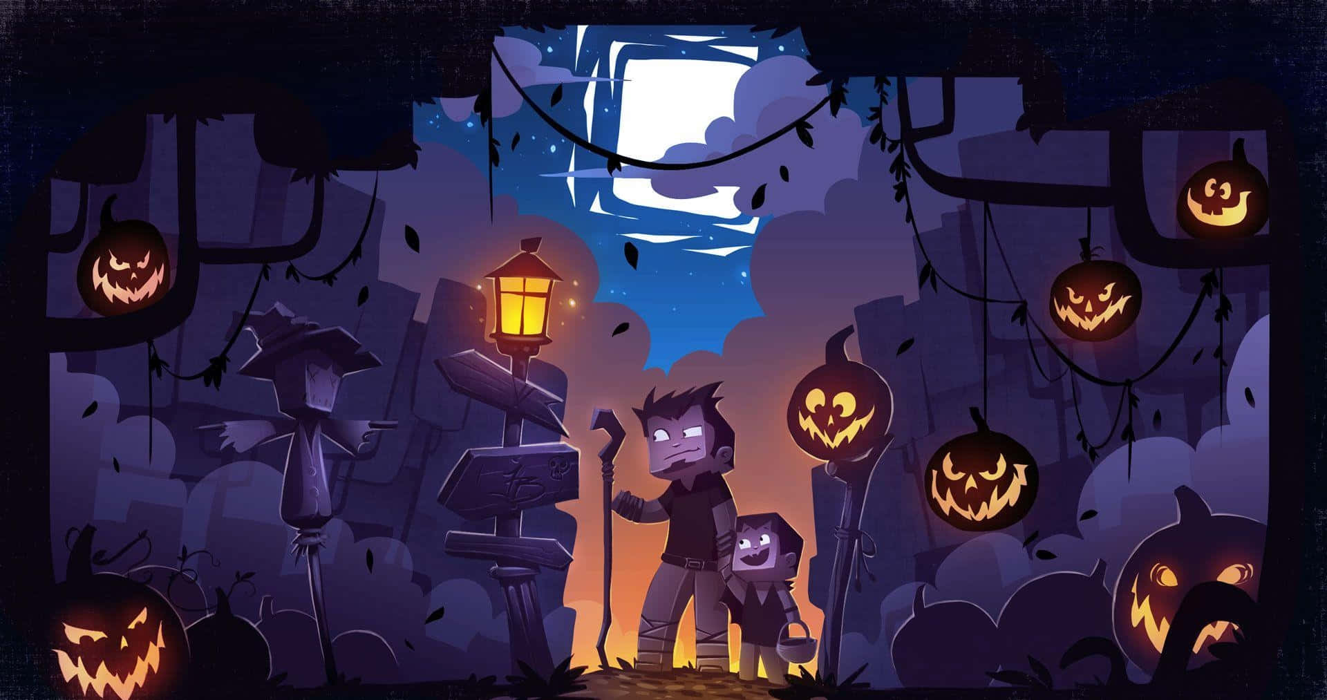 Trick-or-treaters 桌布 壁紙 — 兩個卡通小孩帶著發光的南瓜燈，在月光下探索一個陰森的墓地，掛著南瓜和閃爍的燈籠。