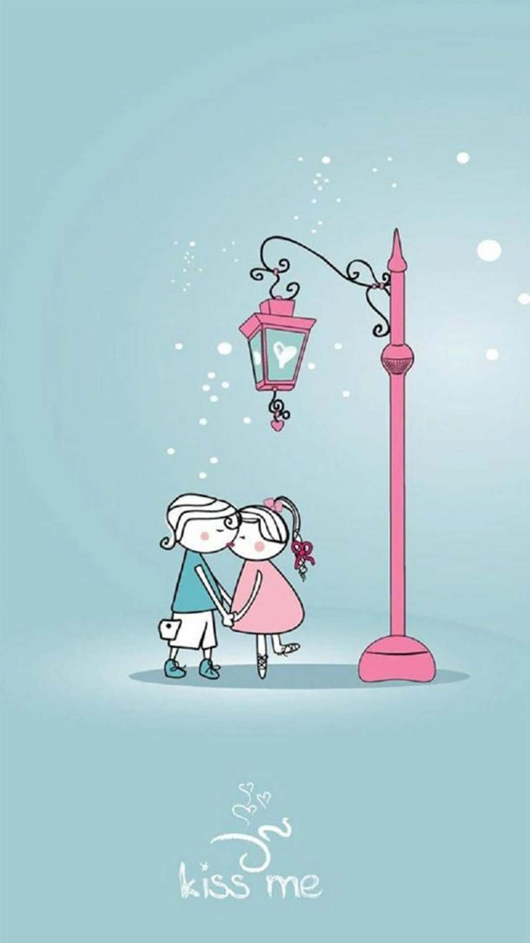 可愛 iPhone 壁紙 桌布 壁紙 — 兩個卡通戀人在粉紅色街燈下接吻，周圍漂浮著心形，背景是柔和的藍色。