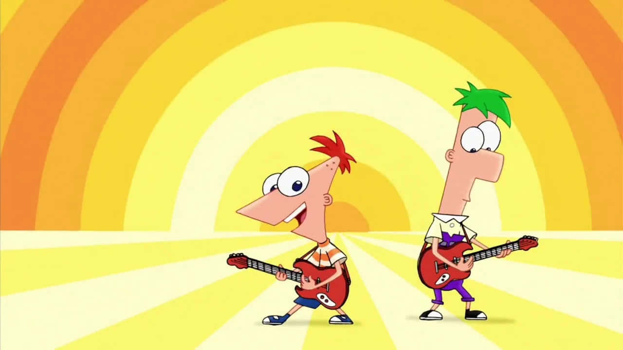 Phineas And Ferb 桌布 壁紙 — 兩個卡通男孩拿著結他，在充滿活力的黃橙色太陽爆發背景下充滿活力地演奏。