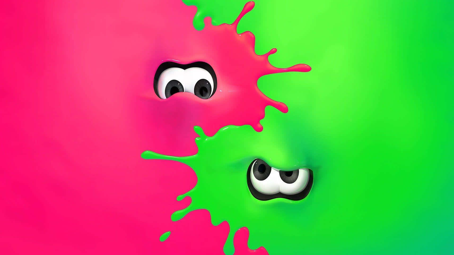 splatoon 桌布 壁紙 — 兩個卡通眼睛從充滿活力的粉紅色和綠色油漆飛濺中窺視出來，背景與之匹配。