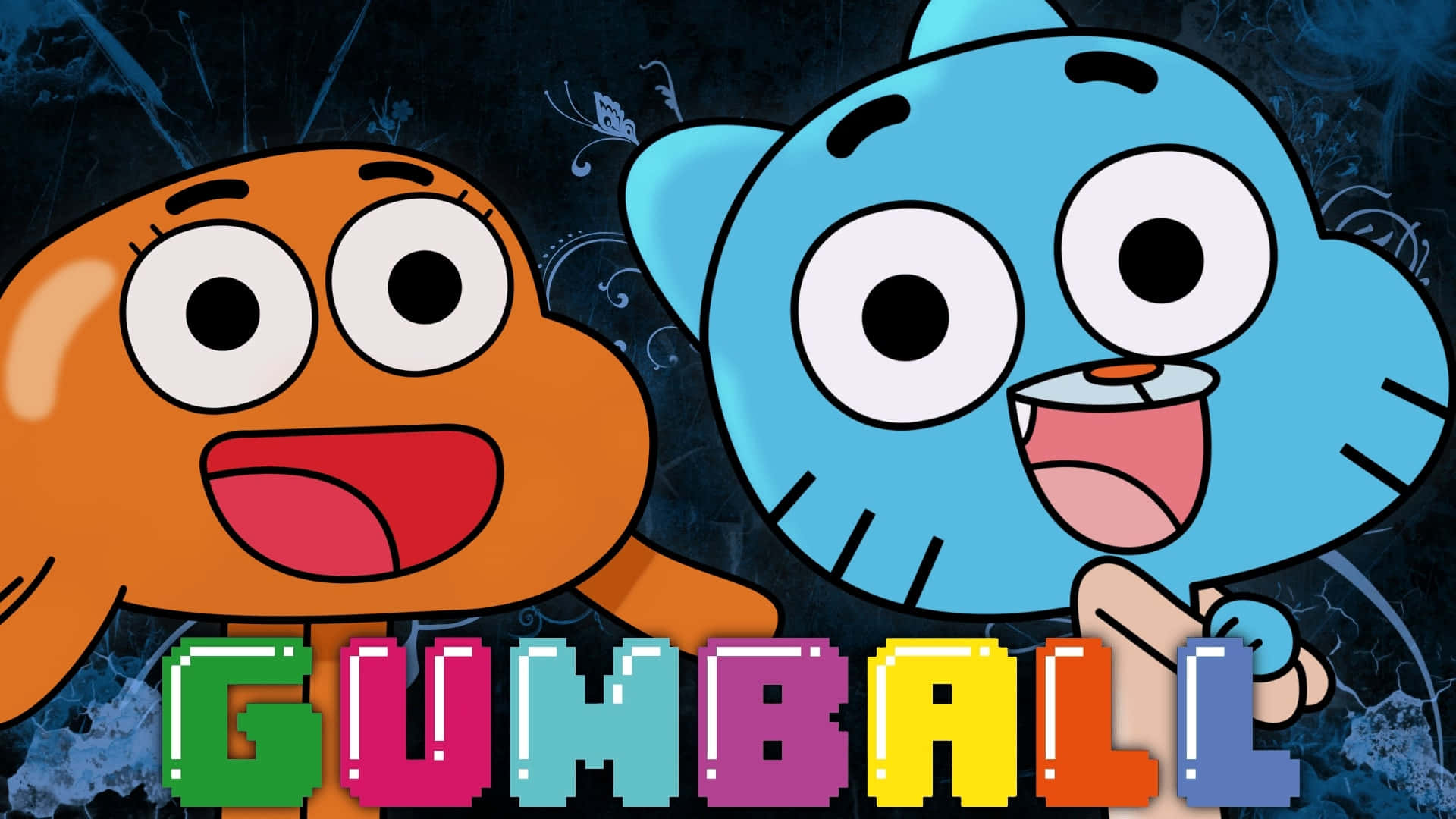 Gumball And Darwin 桌布 壁紙 — 兩個卡通角色 Gumball 和 Darwin 在帶有彩色像素文字的深色黑板背景前燦爛微笑。