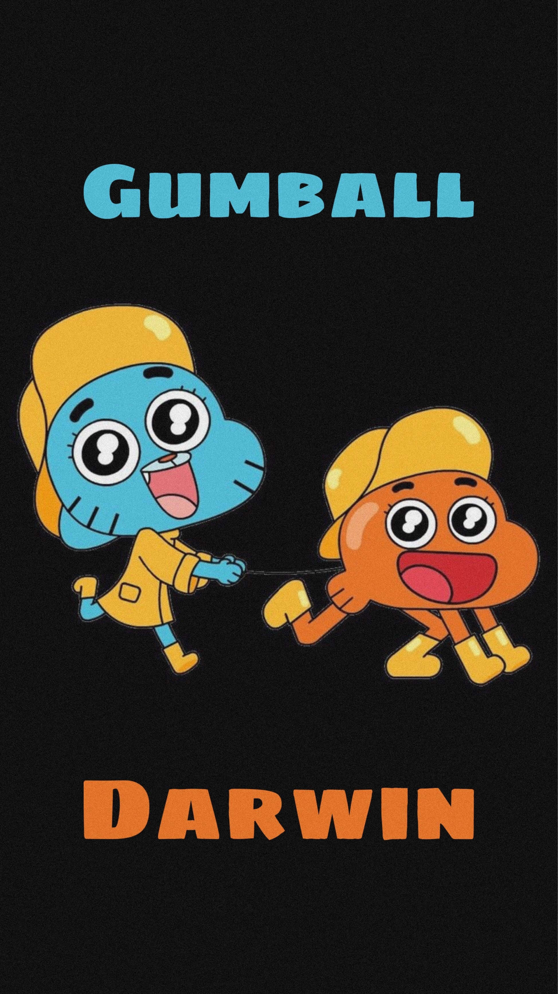 Gumball And Darwin 桌布 壁紙 — 兩個卡通角色 Gumball 和 Darwin 穿著黃色服裝在黑色背景前快樂奔跑，他們的名字以粗體文字顯示。