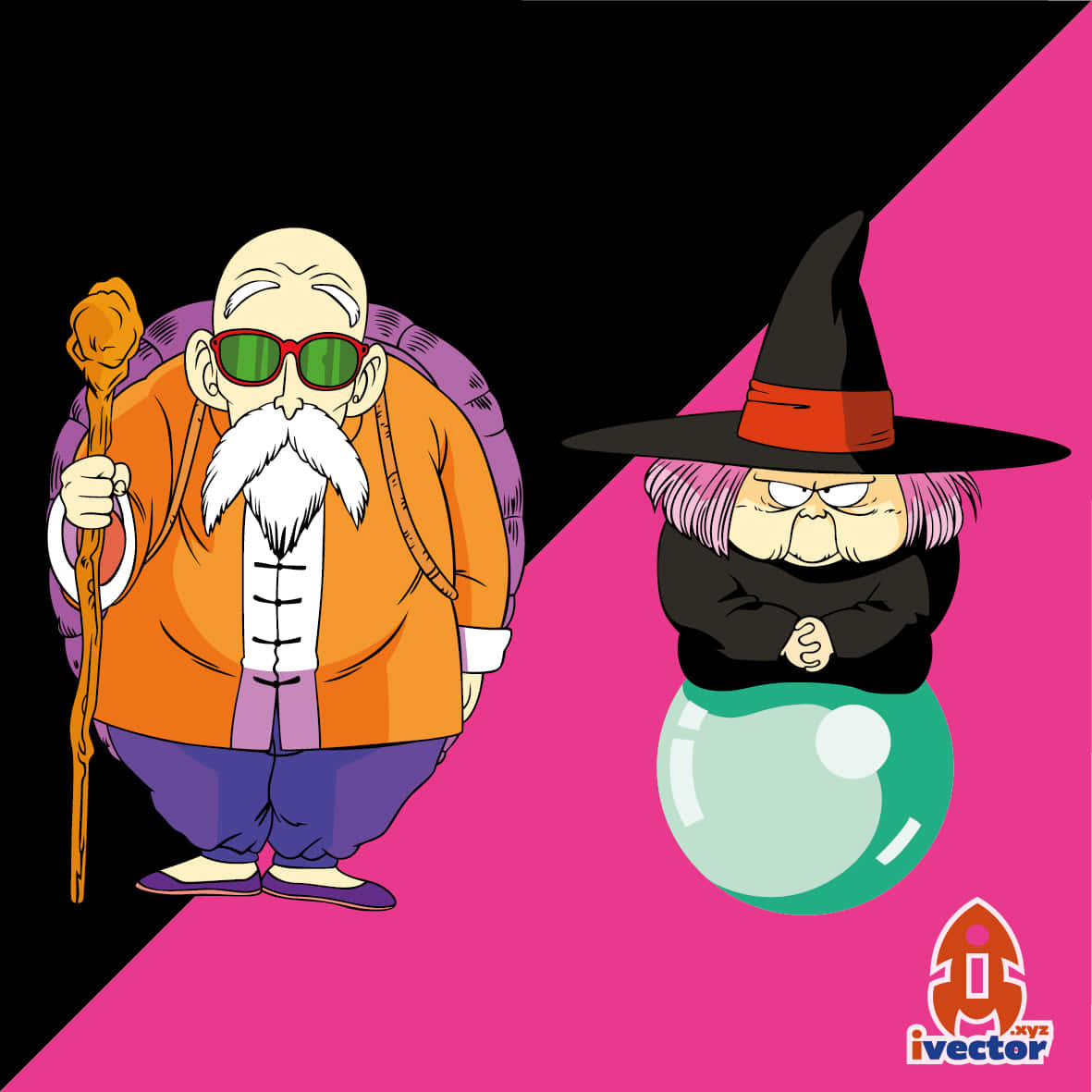 Baba Yaga 桌布 壁紙 — 兩個卡通角色，一個戴綠色太陽眼鏡的光頭賢者和一個戴黑色帽子的女巫，坐在黑色和粉紅色分割的背景前。