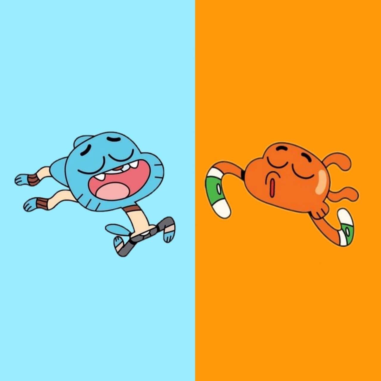Gumball And Darwin 桌布 壁紙 — 兩個卡通角色，一個藍色一個橙色，喺分開嘅藍色同橙色背景上快樂咁跳躍。