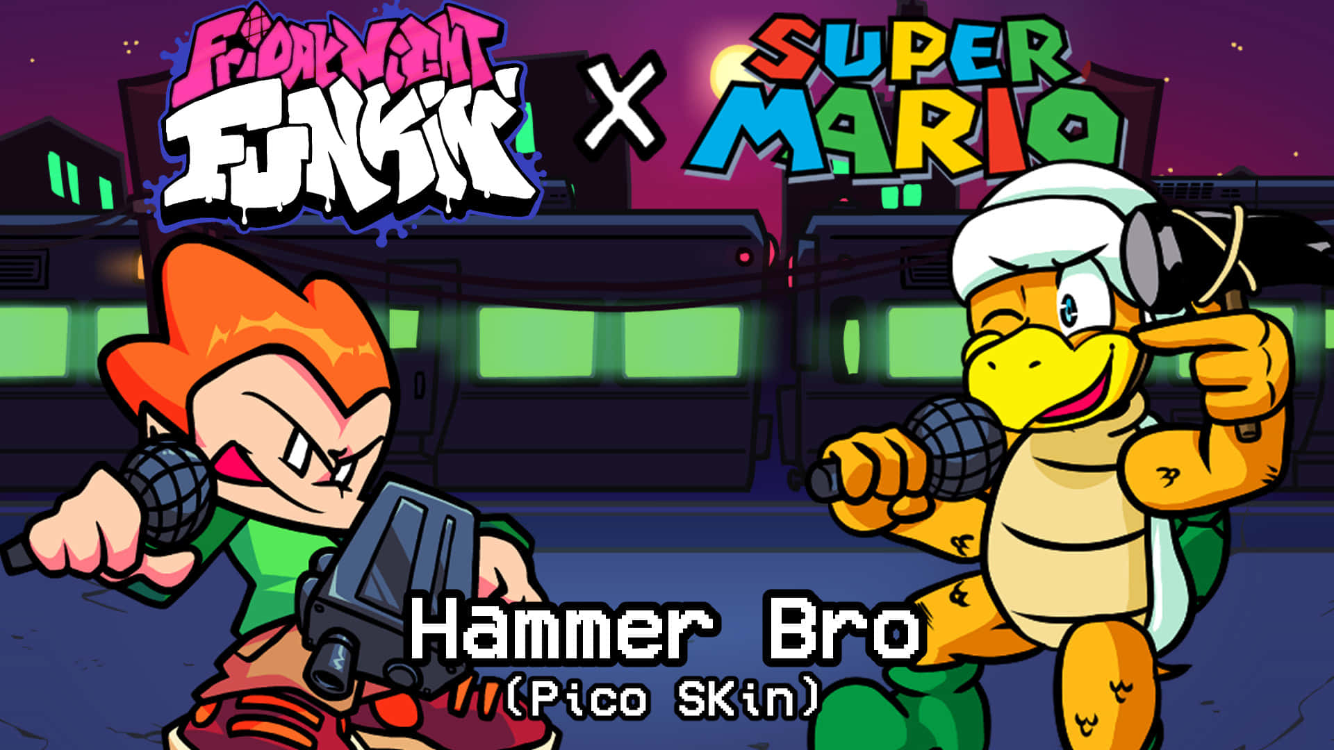 Hammer Bro 桌布 壁紙 — 兩個卡通角色在充滿活力的城市夜景中，一個有橙色頭髮拿著咪高峰，另一個戴白帽的烏龜也拿著咪高峰。